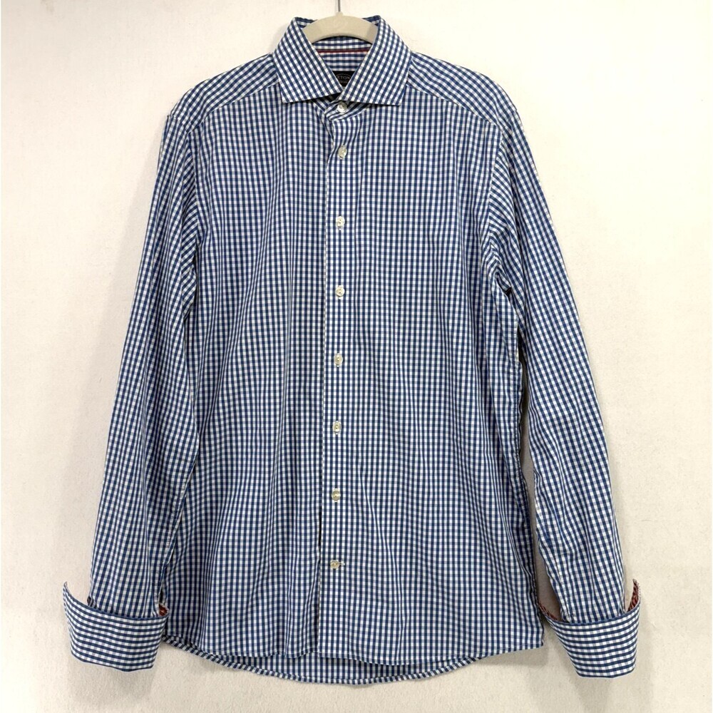 Eton of Sweden Shirt Men 15.5/39 Blue White Gingham Ganghester 1928 French Cuff